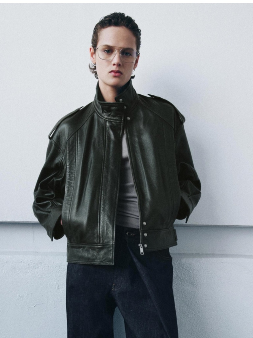 LEATHER BOMBER JACKET ZW COLLECTION LIMITED EDITION - Bottle Green